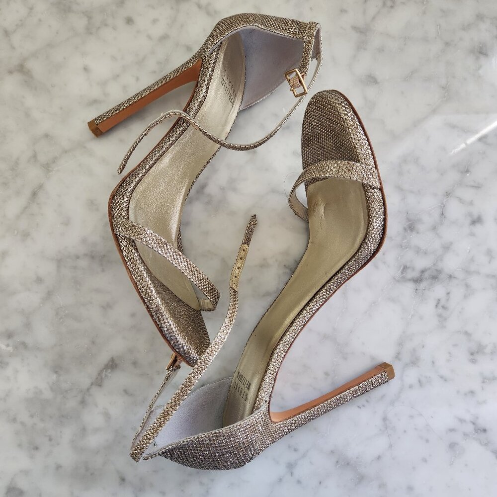 Stuart Weitzman Gold Glitter Ankle Strap Heels Evening Sandals Size 7.5
